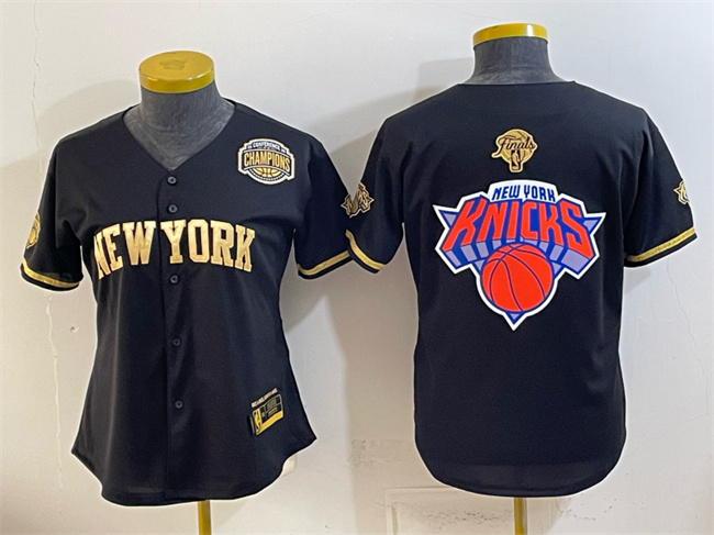 Youth New York Knicks Team Big Logo Black Gold 2026 Finals & Eastern Conference Champions Patch Stitched Baseball Jersey Youth New York Knicks Team Big Logo Black Gold 2026 Finals & Eastern Conference Champions Patch Stitched Baseball Jersey